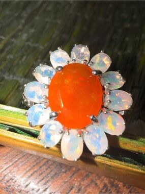 Orange Opal & Fire Opal Flower Halo Ring Sz9
